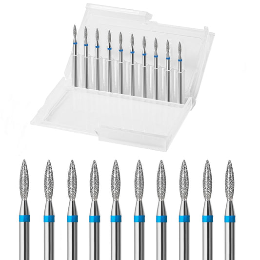 ERUIKA 10pcs Diamond Flame Cuticle Drill Bits Set, Professional Cuticle Nail Drill Bits for Dead Skin 3/32'' Nails Dry Manicure Pedicure Shape Remove Nail Salon Tools (Medium-M)