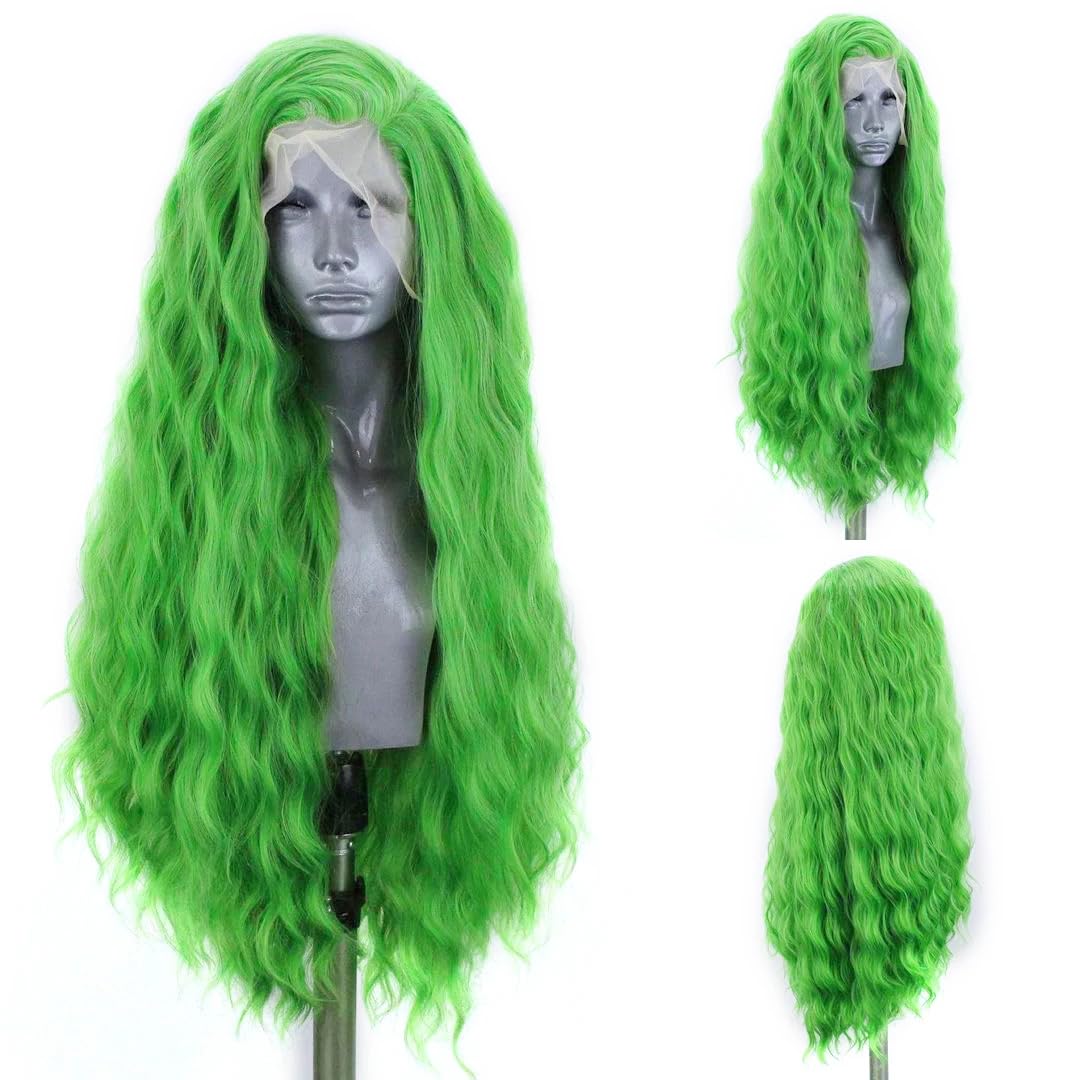 ELESTY Emerald Green Synthetic Lace Front Wigs Free Part Loose Wave Heat Resistant Natural Hairline Fiber Hair Glueless Lace Wigs for Women Daily Party Use 24Inch