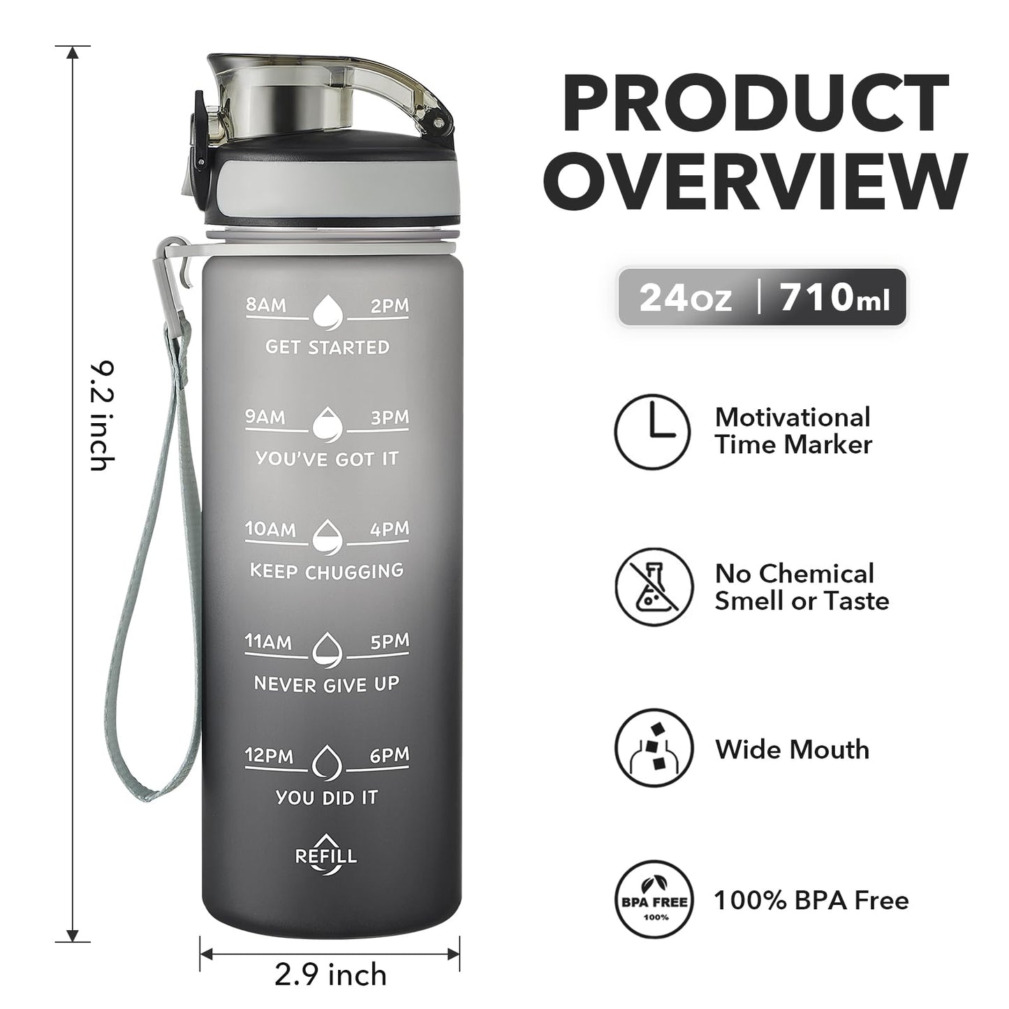 Enerbone 24 oz Water Bottle, Leakproof BPA & Toxic Free, Motivational Water Bottle with Times to Drink and Straw, Fitness Sports Water Bottle with Strap for Office, Gym, Outdoor Sports