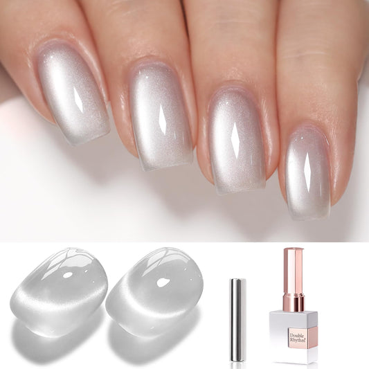 Double Rhythm 15ML Glass Cat Eye Gel Polish with Magnet Same Color Same Bottle Holographic Glitter Shimmer Salon Soak Off Magnetic Nail at Home (Clear Silver-MC1147)