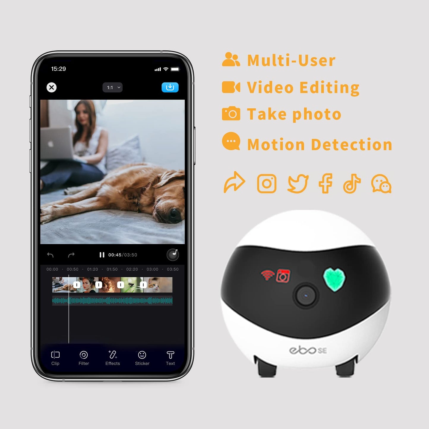 Enabot Home Security Camera EBO SE: 1080P Indoor Cam Battery-Operated, Auto-Recharge, Night Vision, Wireless Camera for Pet/Elderly/Baby, 2-Way Talk, Local Storage, APP Control
