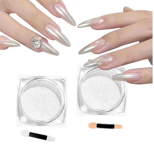 2Pcs Pearl Chrome Nail Powder - Ice Transparent Aurora, White Chameleon Iridescent Pigment for Nails - High Gloss Pearlescent Glitter (2pc White)