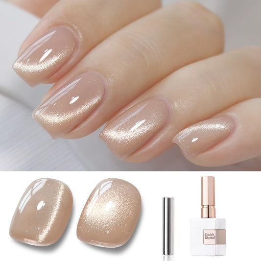 Double Rhythm 15ML Ice Glass Cat Eye Gel Polish with Magnet Holographic Glitter Shimmer Translucent Sheer Color Salon Soak Off Magnetic at Home (Milky Nude-MC1121)