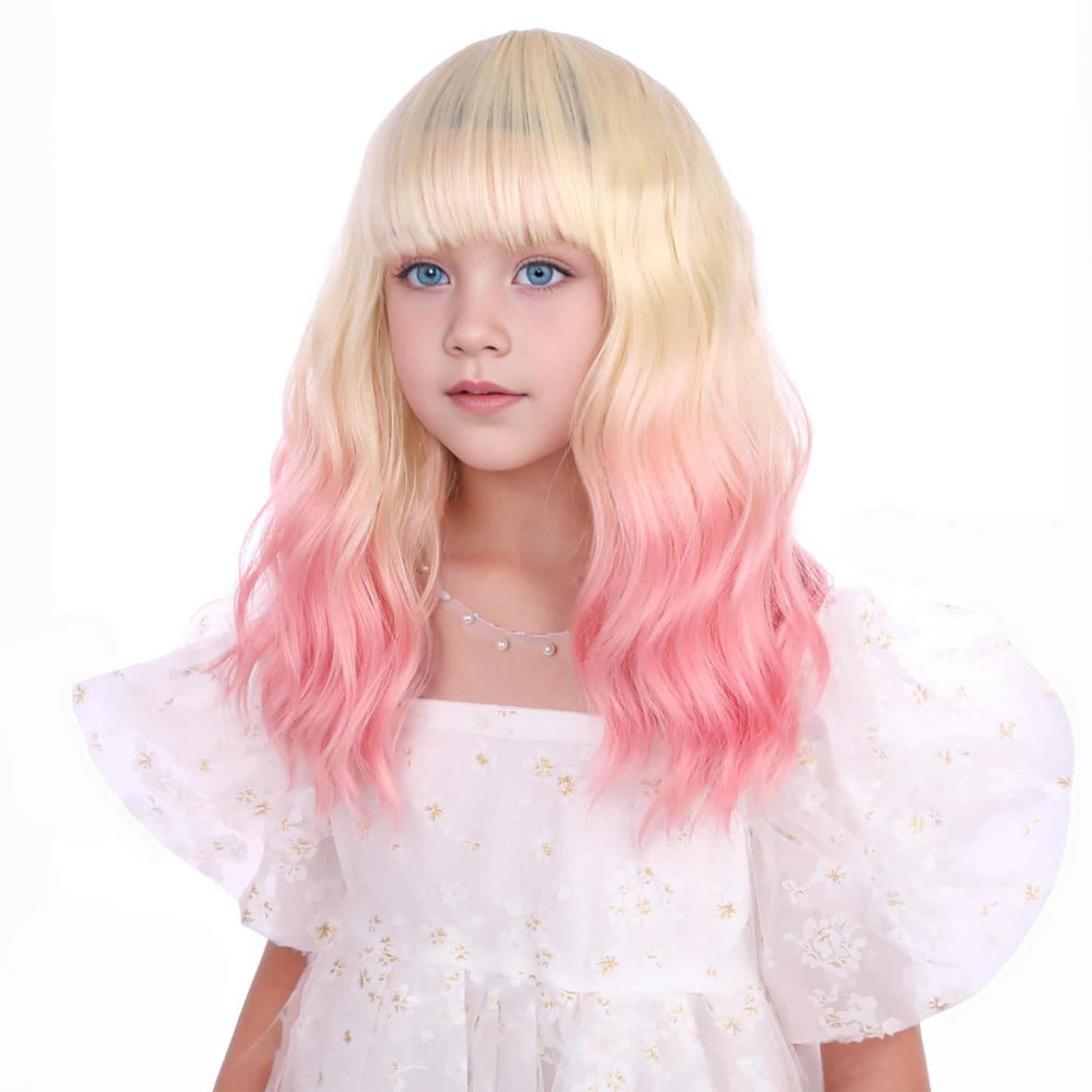 Edivd Blonde Ombre Pink Wig for Children Short Blonde Pink Wig with Air Bangs for Kids Girls Short Light Blonde Wavy Curly Wig Heat Resistant Synthetic Wig with Wig Cap