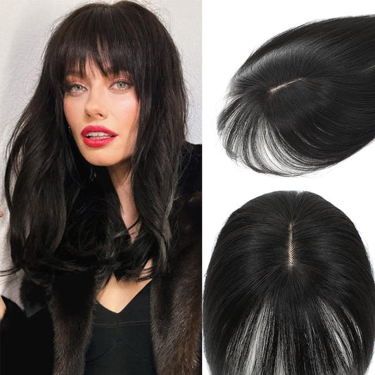 EROADE Toppers for Women Real Human Hair, 3D Human Hair Toppers for Women with Thinning Hair 165% Density Middle Part Clip in Bangs Toppers Hair Pieces (Black, Wispy Bangs)