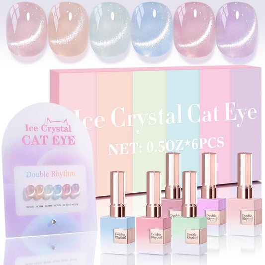 Double Rhythm Cat Eye Gel Nail Polish Set of 6 Same Color Same Bottle 0.5 Oz Shimmer Glitter with Magnet Holographic Reflective Magnetic UV Nail Polish Kit at Home (Silver Nude Pink Blue Purple-T6-28)