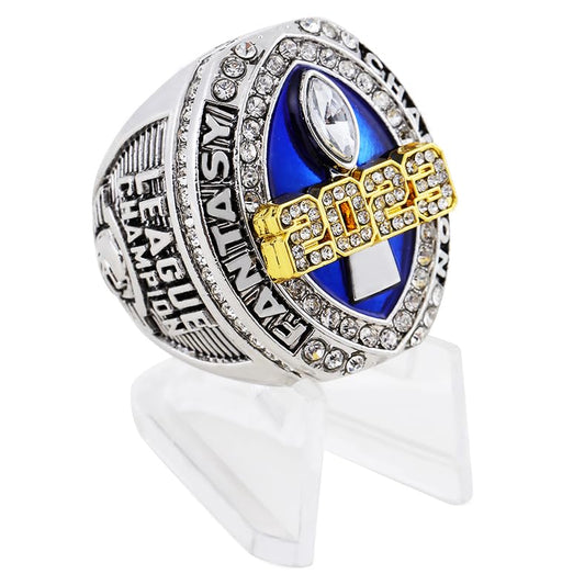 2023 Fantasy Football Championship Ring | Heavy FFL Champion Ring | Gold Silver Tone Plated Award Trophy for Fantasy Football League Winner (size 8, ring and stand together)