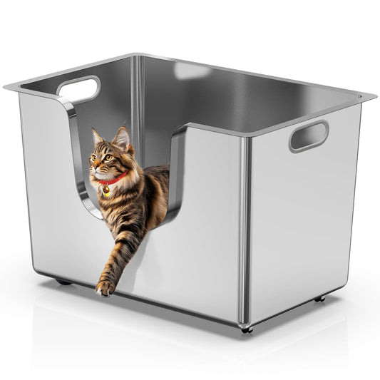 Enclosed Stainless Steel Cat Litter Box 13.8” High Sides, Extra Large Litter Box for Big Cats, XL Metal Kitty Litter Pan Pet Toliet with Wheels for Easy Mobility, Anti-Leakage, Non-Sticky, Easy Clean