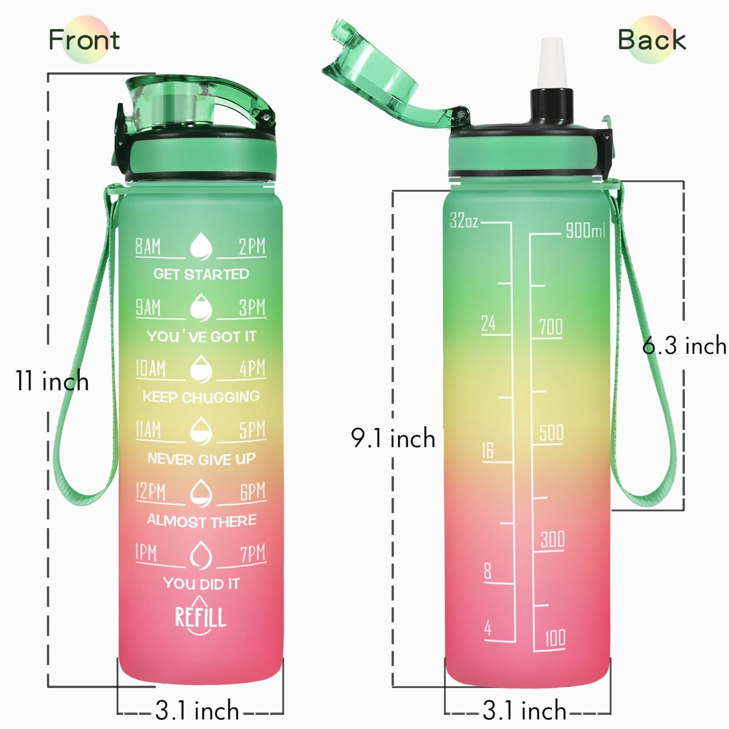 Enerbone 32 oz Water Bottle, Leakproof BPA & Toxic Free, Motivational Water Bottle with Times to Drink and Straw, Fitness Sports Water Bottle with Strap for Office, Gym, Outdoor Sports