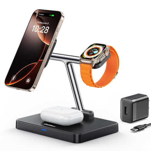 DUMTERR 3 in 1 Foldable Wireless Charging Station for Mag-Safe Charger for iPhone 16/15/14/13/12,for Apple Watch Series & AirPods - Wireless Charger Stand with N52 Strong Magnetic & Safety Protections