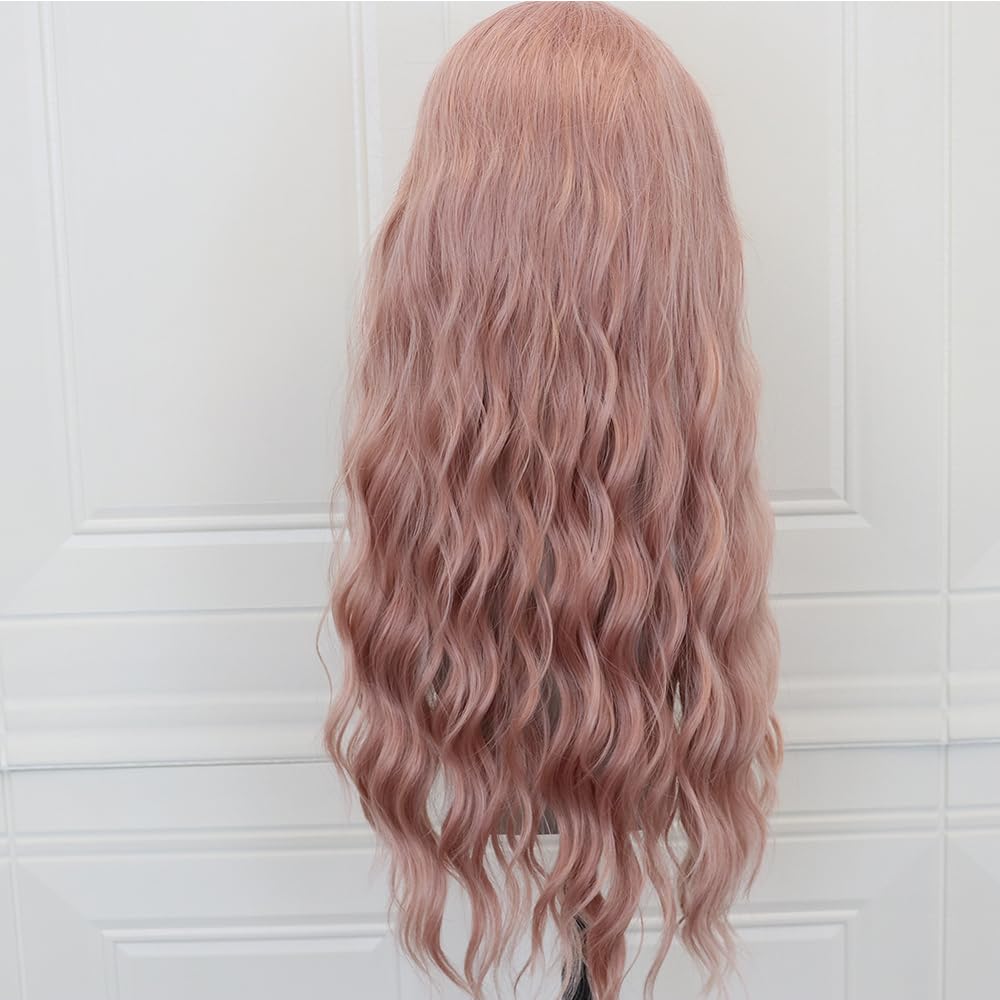 ELESTY 13 * 4 Icy Pink Synthetic Lace Front Wig Long Wavy Free Part Lace Front Synthetic Wig Pre Plucked Natural Hairline Glueless Heat Resistant Fiber Hair Loose Curly Wigs for Women Cosplay