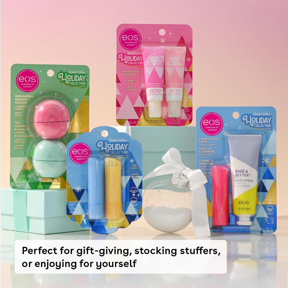 EOS Limited Edition Holiday Lip Balm, Raspberry Cloud & Blackberry Bellini, All-Day Moisture, Made for Sensitive Skin, 0.14 oz, 2-Pack, Clear