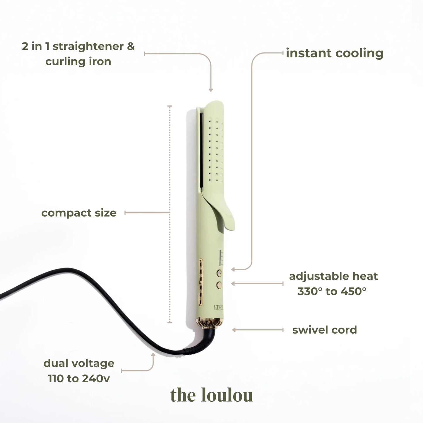 Edrée The Loulou 2-in-1 Airflow Hair Straightener & Curler | 1" Titanium Plates | 330°F to 450°F Heat Control with Cool Shot | 360 Swivel | Dual Voltage (Sage)