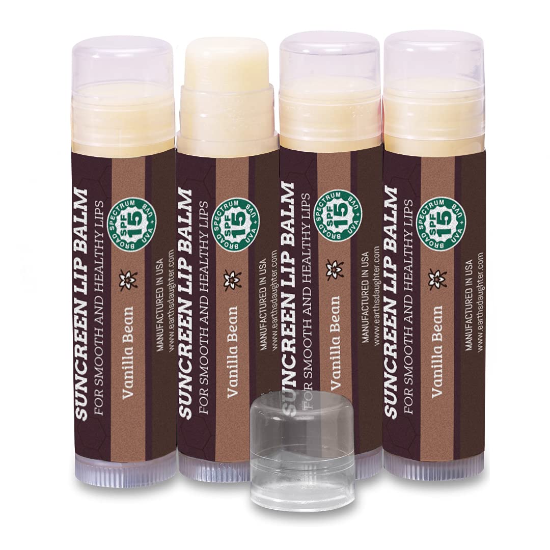 Earth's Daughter SPF Lip Balm 4-Pack - Lip Sunscreen, SPF 15, Organic Ingredients, Vanilla Flavor, Beeswax, Coconut Oil, Vitamin E - Hypoallergenic, Paraben Free, Gluten Free