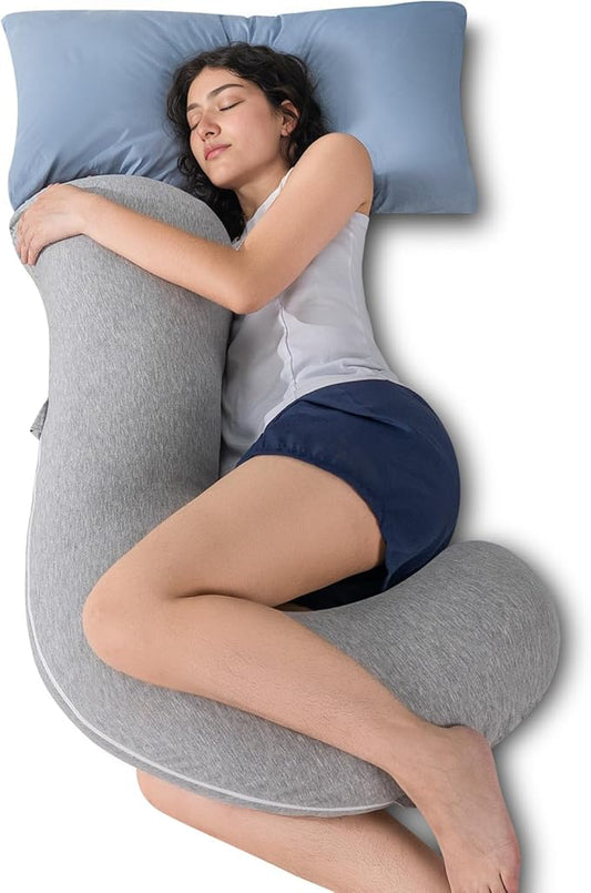 QUEEN ROSE Body Pillow, Full Body Support Pillow for Side Sleepers, Cooling Soft S Shaped Hug Pillow for Adults, with Removable Pillowcase, Light Grey