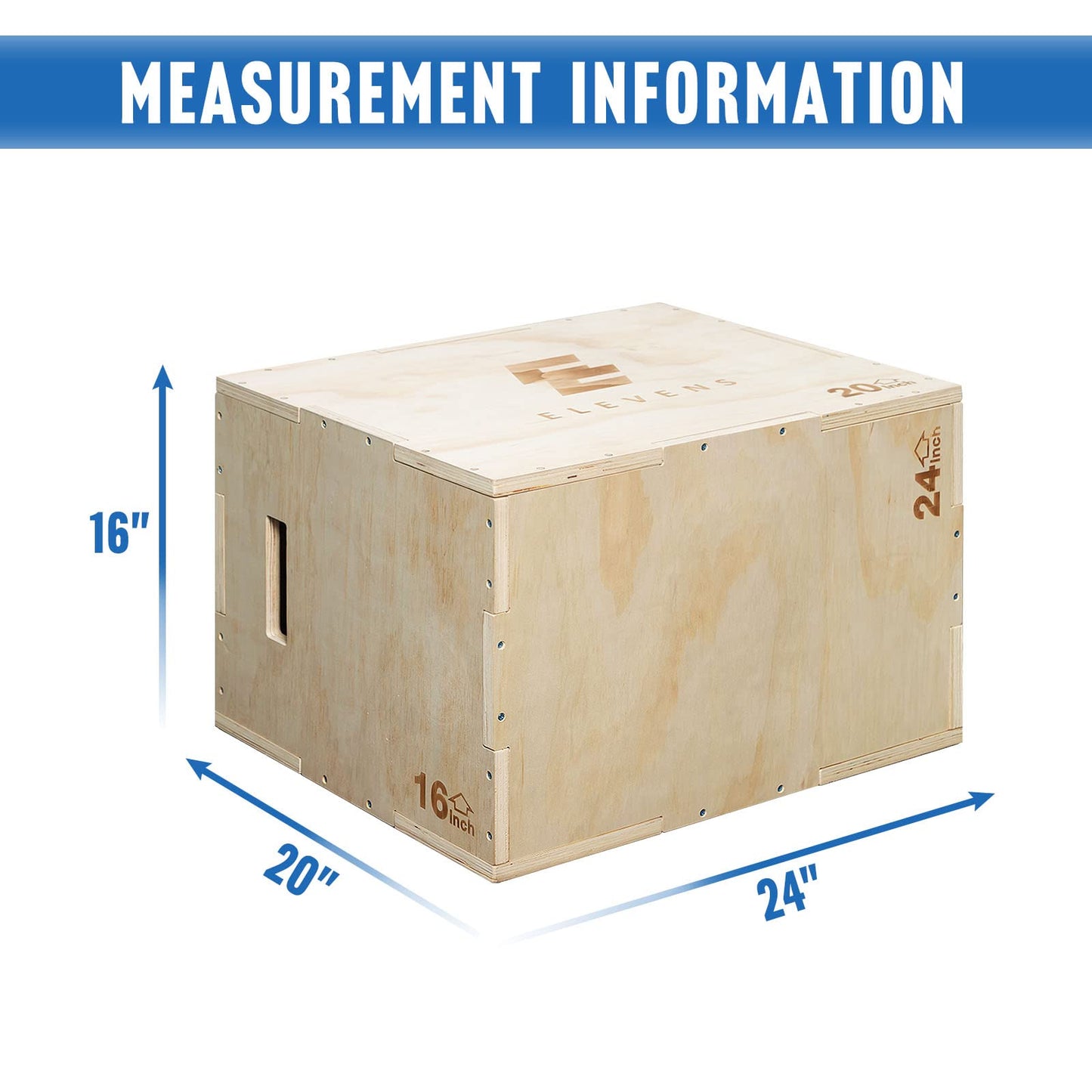 Elevens 3 in 1 Wooden Plyo Box Jump Box Plyometric Box for Jumping Trainer, Skipping, Jumping, Lunges, Box Jumps, Squats, Step-Ups, Dips (24"x16"x20")