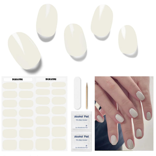 DUKASOU Semi Cured Gel Nail Strips, White 28 PCS Solid Color Gel Nail Strips Works Any with UV Light, Salon Quality Gel Nail Stickers Full Nail Wraps
