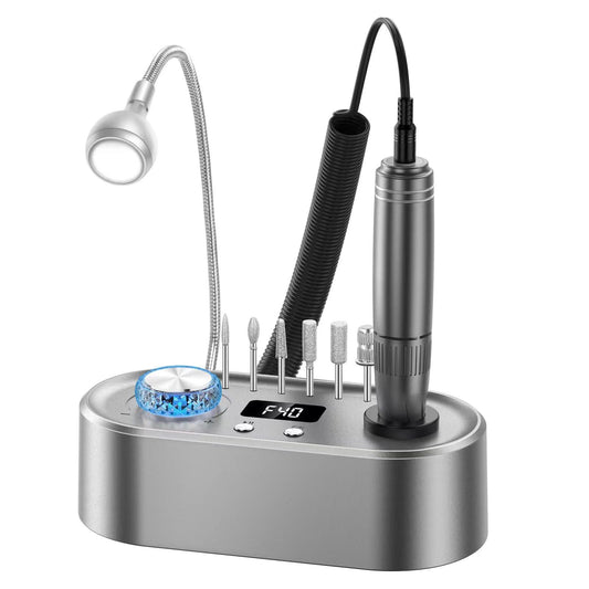 Electric Nail Drill Machine, 40000RPM Professional E File Nail Drill Kit for Gel Acrylic Nails,High Speed Low Vibration Low Heat Nail Grinding with LED Light, 7 Bits, F/R Rotation, LCD Screen (Grey)