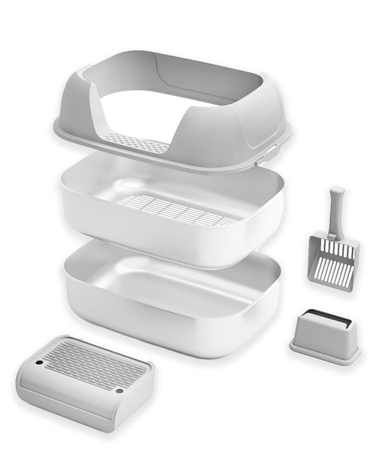 DOWANQO Stainless Steel Sifting Litter Box with Lid, Metal Litter Pan Tray with Scoop for Big Cats & Multi Cat, Extra Large Cats Litterbox Odor Control, Easy Clean (with Enclosure & Step, X-Large)