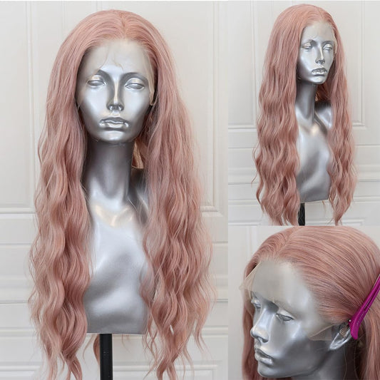 ELESTY 13 * 4 Icy Pink Synthetic Lace Front Wig Long Wavy Free Part Lace Front Synthetic Wig Pre Plucked Natural Hairline Glueless Heat Resistant Fiber Hair Loose Curly Wigs for Women Cosplay