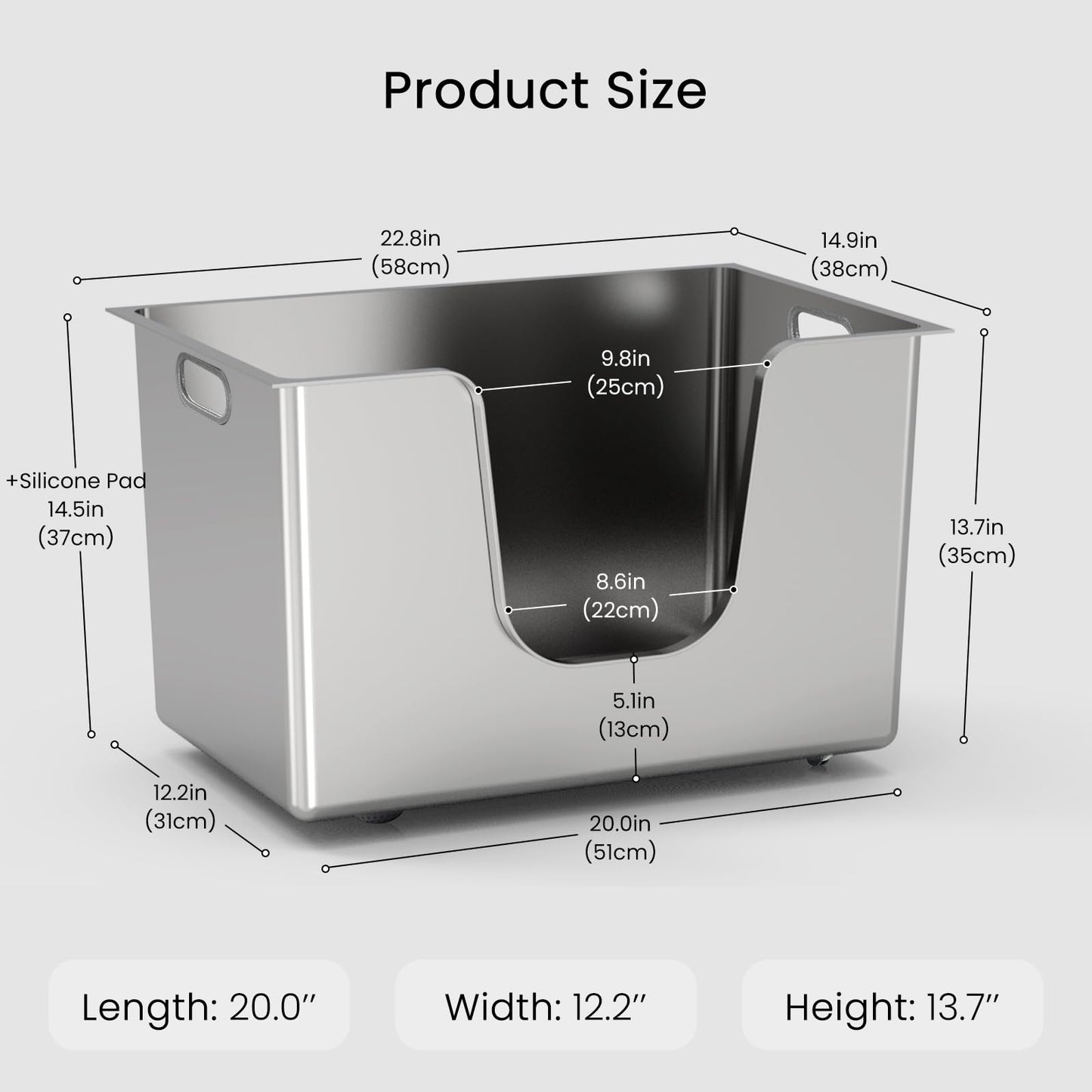 Enclosed Stainless Steel Cat Litter Box 13.8” High Sides, Extra Large Litter Box for Big Cats, XL Metal Kitty Litter Pan Pet Toliet with Wheels for Easy Mobility, Anti-Leakage, Non-Sticky, Easy Clean