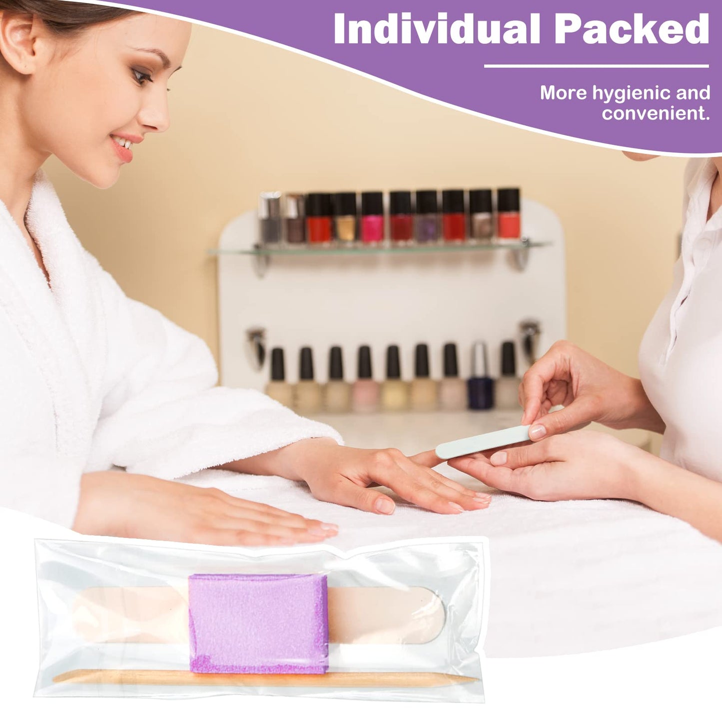 120 Sets Disposable Manicure Kit Basics 3 Pieces Nail Kit, White Wood Nail File 180/180 Grit, Orange Mini Buffer 100/180 Grit, Individually Packed Mini Pedicure Set for Fingernails Toenails