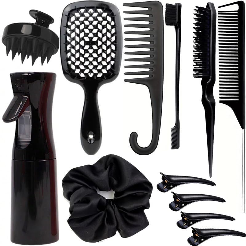 12 Pcs Hair Styling Brush Set with Detangler, Teasing, Rat Tail, Edge Brushes and Baby Hair Brushes - Soft Bristles for Baby Girls and Women (Black)