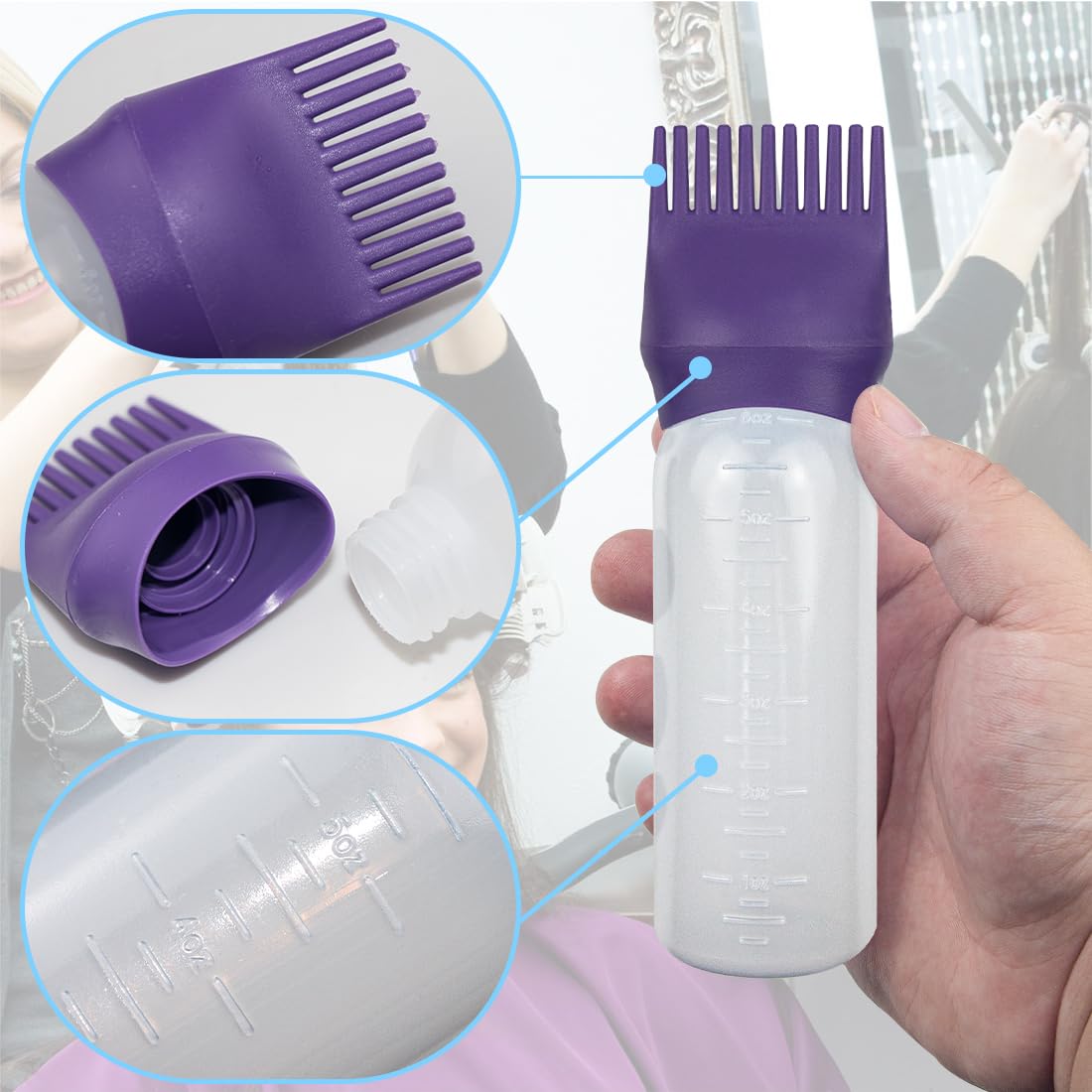 ELANE 4 Pack Root Comb Applicator Bottles, Oiling Applicator for Hair Dye & Shampoos, Salon Use (Purple+Green)