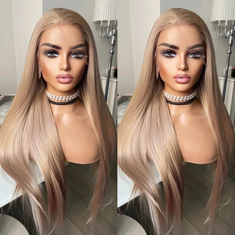 ELESTY Blonde Straight Synthetic Lace Front Wigs for Women 13 * 4 Big Lace Free Part Ash Blonde Heat Resistant Fiber Hair Synthetic Wig Pre Plucked Natural Hairline Glueless Lace Wigs Daily Wigs