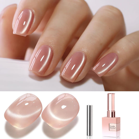 Double Rhythm 15ML Glass Cat Eye Gel Polish with Magnet Same Color Same Bottle Holographic Glitter Shimmer Salon Soak Off Magnetic Nail at Home (Peach Pink-MC1149)