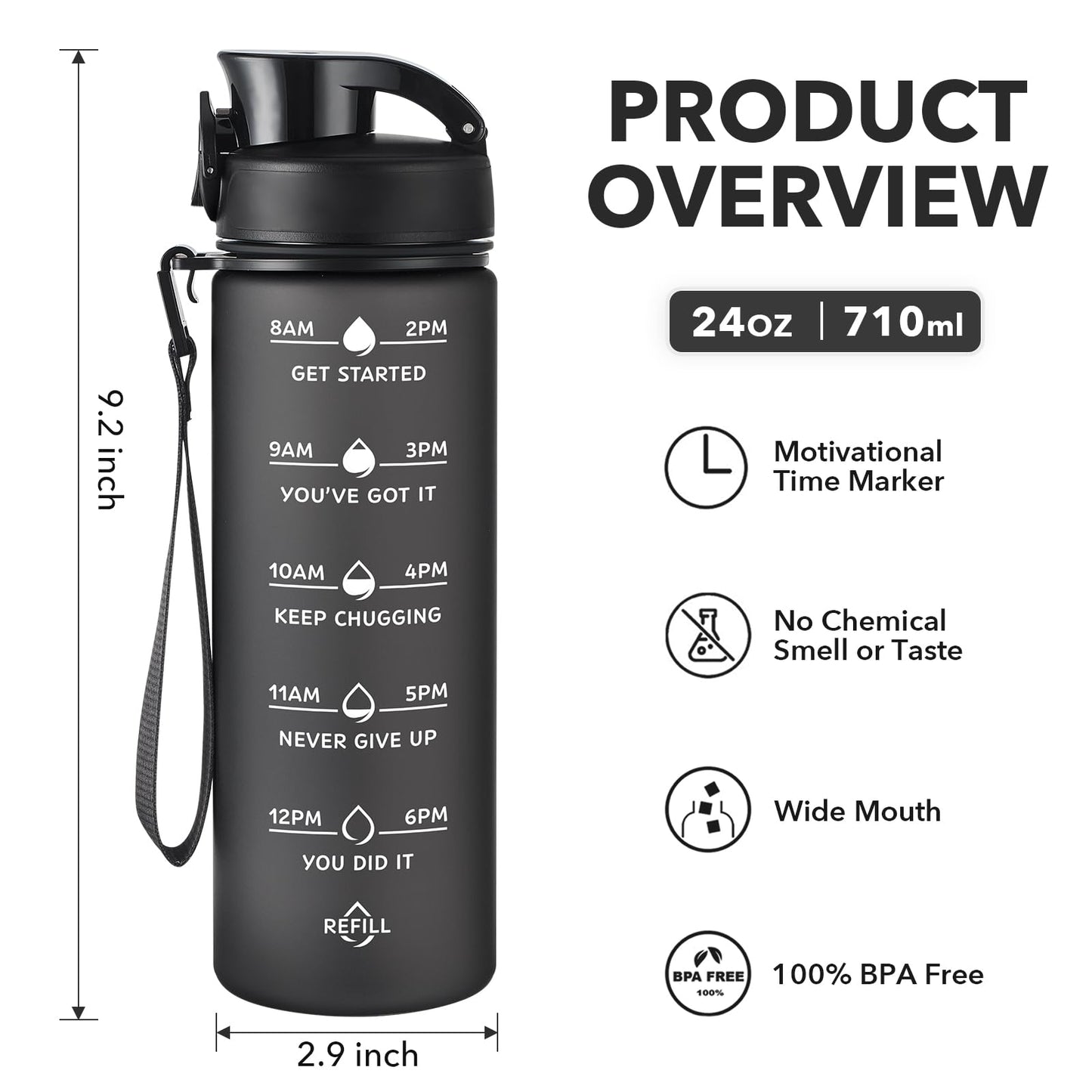 Enerbone 24 oz Water Bottle, Leakproof BPA & Toxic Free, Motivational Water Bottle with Times to Drink and Straw, Fitness Sports Water Bottle with Strap for Office, Gym, Outdoor Sports