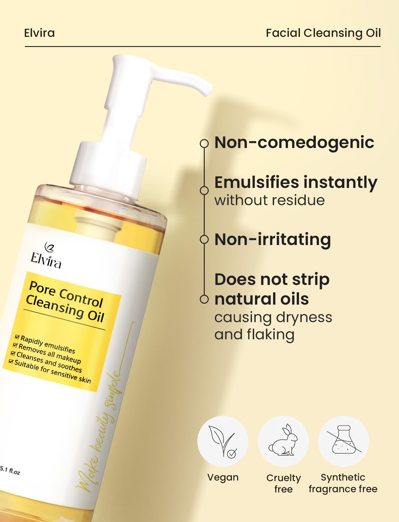 Elvira Pore Control Cleansing Oil, Makeup Remover for Sensitive, Oil Cleanser for Face, Blackhead Removal, Korean Skin care, Hydrating, Fragrance-Free