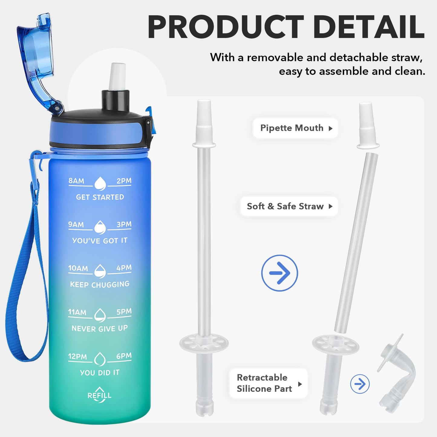 Enerbone 24 oz Water Bottle, Leakproof BPA & Toxic Free, Motivational Water Bottle with Times to Drink and Straw, Fitness Sports Water Bottle with Strap for Office, Gym, Outdoor Sports
