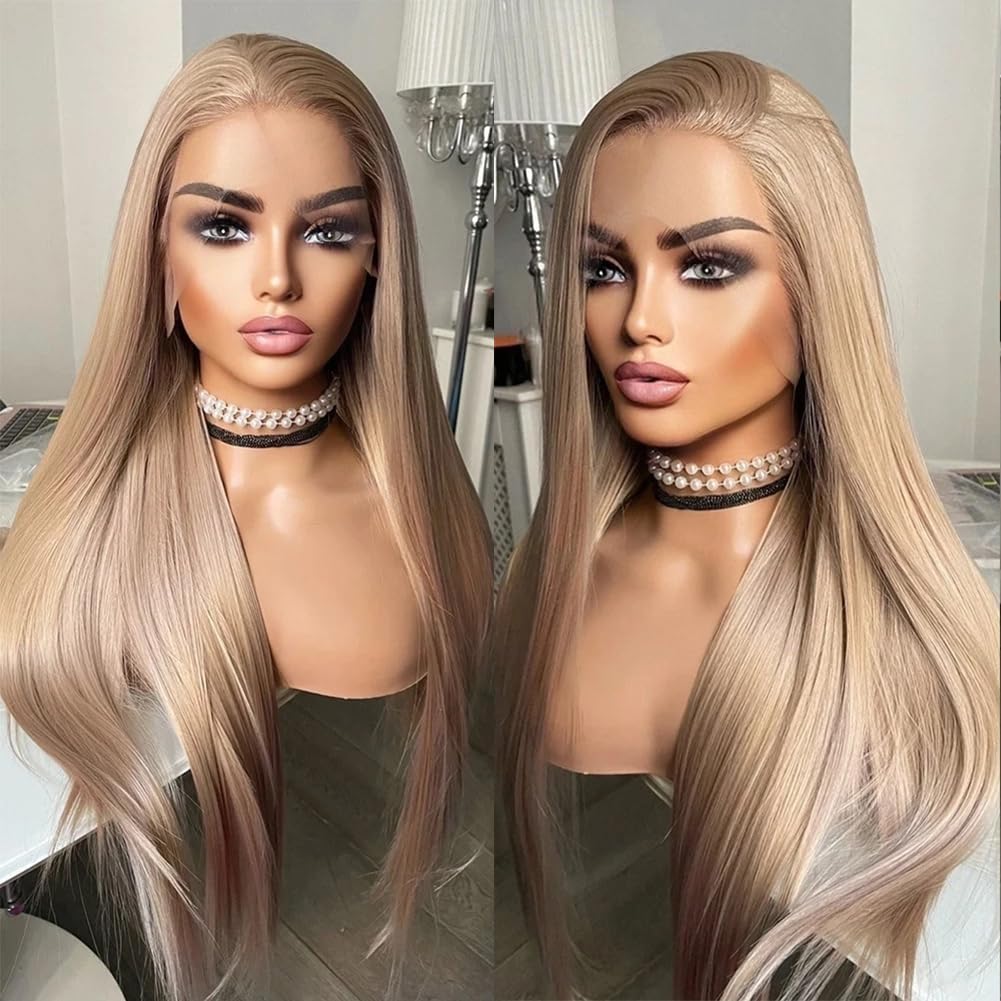 ELESTY Blonde Straight Synthetic Lace Front Wigs for Women 13 * 4 Big Lace Free Part Ash Blonde Heat Resistant Fiber Hair Synthetic Wig Pre Plucked Natural Hairline Glueless Lace Wigs Daily Wigs
