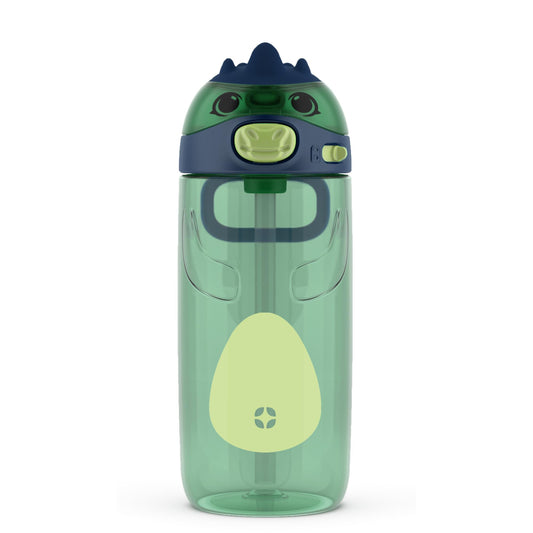 Ello Ellies 16oz Plastic Kids Water Bottle with Straw and Built-in Carrying Handle and Leak-Proof Locking Lid for School backpack, Lunchbox and Outdoor Sports, Dino