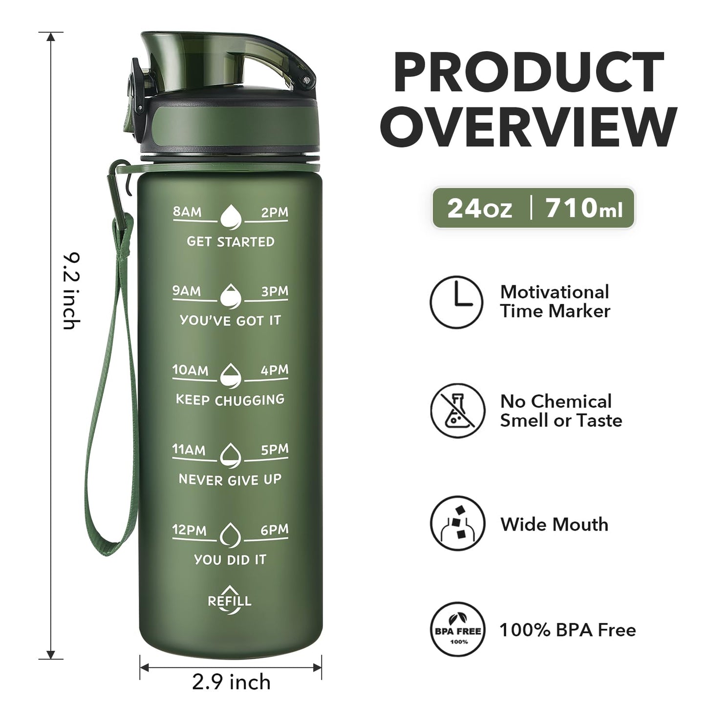 Enerbone 24 oz Water Bottle, Leakproof BPA & Toxic Free, Motivational Water Bottle with Times to Drink and Straw, Fitness Sports Water Bottle with Strap for Office, Gym, Outdoor Sports