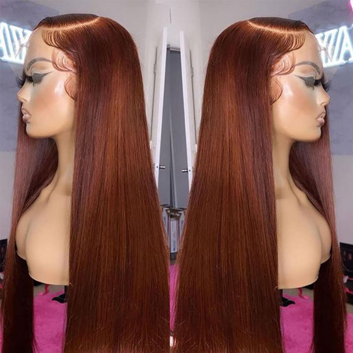 250 Density Straight Lace Front Wigs Human Hair Pre Plucked 13x4 HD Transparent Lace Front Wigs Human Hair for Women Reddish Brown Lace Front Wigs HumanHair 33# Colored Brazilian Human Hair Wig 32Inch