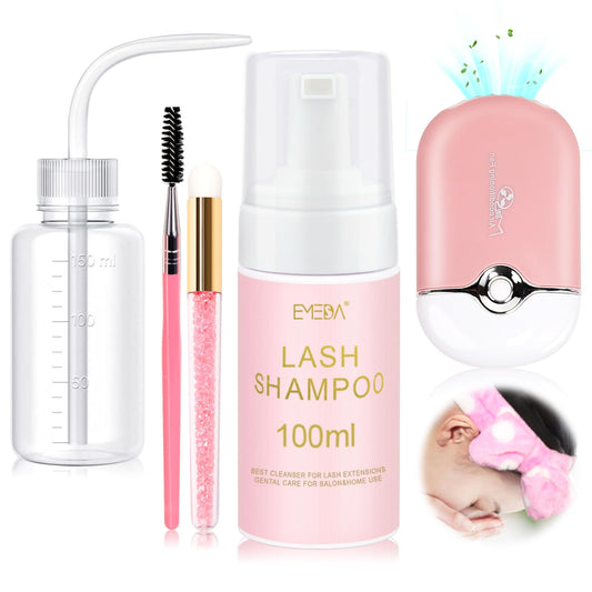 EMEDA Lash Shampoo for Lash Extensions Lash Cleaning Kit with Lash Fan Dryer, Brush, Wash Bottle, Hair Band, Oil Free Foam Soap Cleaner Lash Bath Kit, Lash Wash Eyelash Extension Cleanser