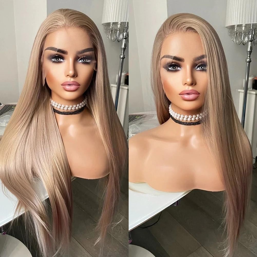 ELESTY Blonde Straight Synthetic Lace Front Wigs for Women 13 * 4 Big Lace Free Part Ash Blonde Heat Resistant Fiber Hair Synthetic Wig Pre Plucked Natural Hairline Glueless Lace Wigs Daily Wigs