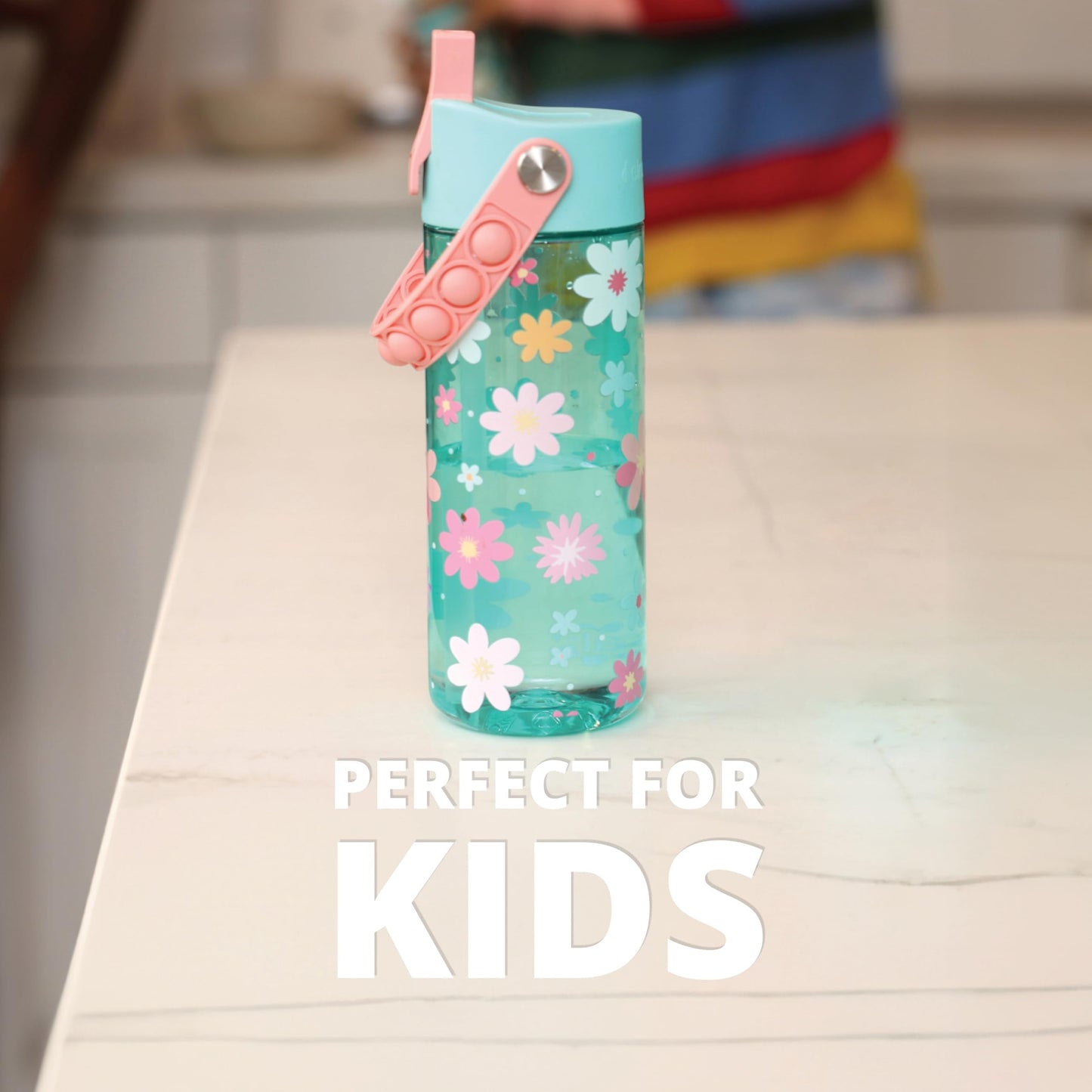Elemental Leak Proof Water Bottles for Kids - Splash Kids Water Bottle for School with Fun Fidget Pop-it Handle - Tritan Plastic Water Bottle with Straw - Stylish Cat & Spring Blossom - 18oz (2 Pack)