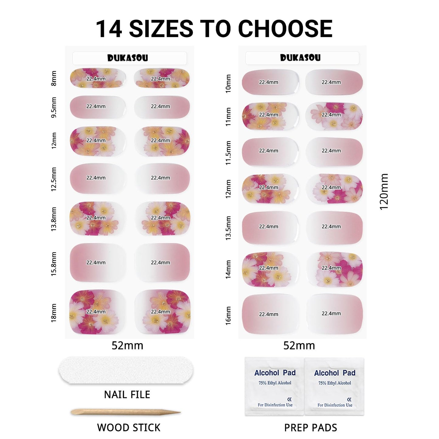 DUKASOU Semi Cured Gel Nail Strips, Spring Blossoms | 28pcs Work With Any UV Lamp, Stickers for Women Girls, Includes Prep Pads, File & Wood Stick