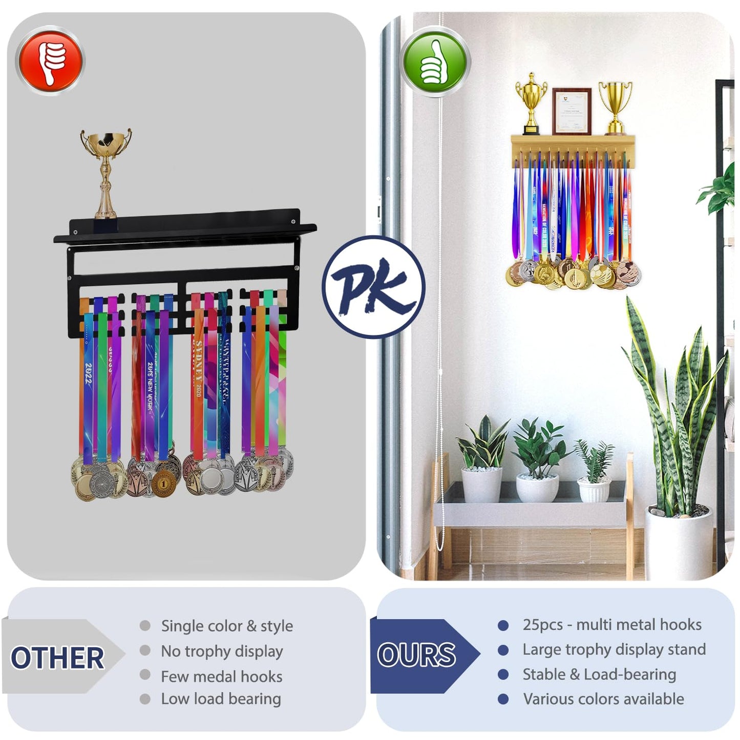 DSVENROLY Medal Holder Display Trophy Shelf Organizer,Sturdy Wooden Medal Trophy Hanger Rack with 25 Steel Hooks, Wall Mount Medal Hanger for Race Medals Trophies Easy to Install (1PC，Nature Wood)