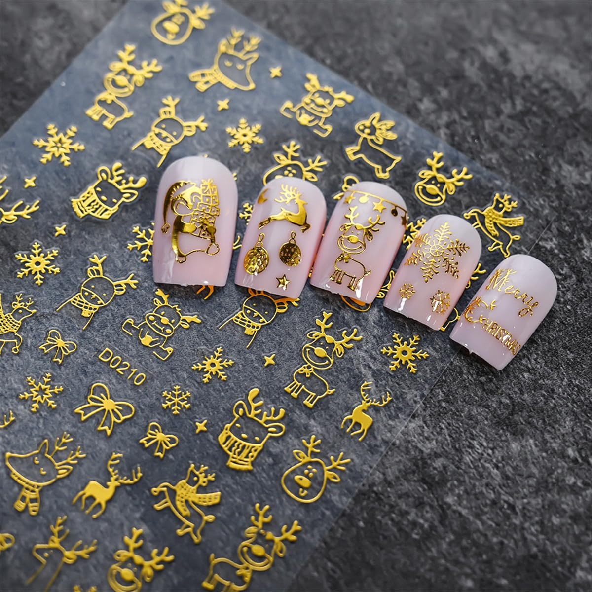 12 Sheets Christmas Nail Stickers - Gold Nail Decals with Snowflake, Snowman, Elk, Tree & Santa Claus Designs - 3D Self-Adhesive Holiday Xmas Nail Art Decals for Manicure Decorations