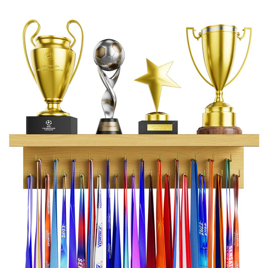 DSVENROLY Medal Holder Display Trophy Shelf Organizer,Sturdy Wooden Medal Trophy Hanger Rack with 25 Steel Hooks, Wall Mount Medal Hanger for Race Medals Trophies Easy to Install (1PC，Nature Wood)