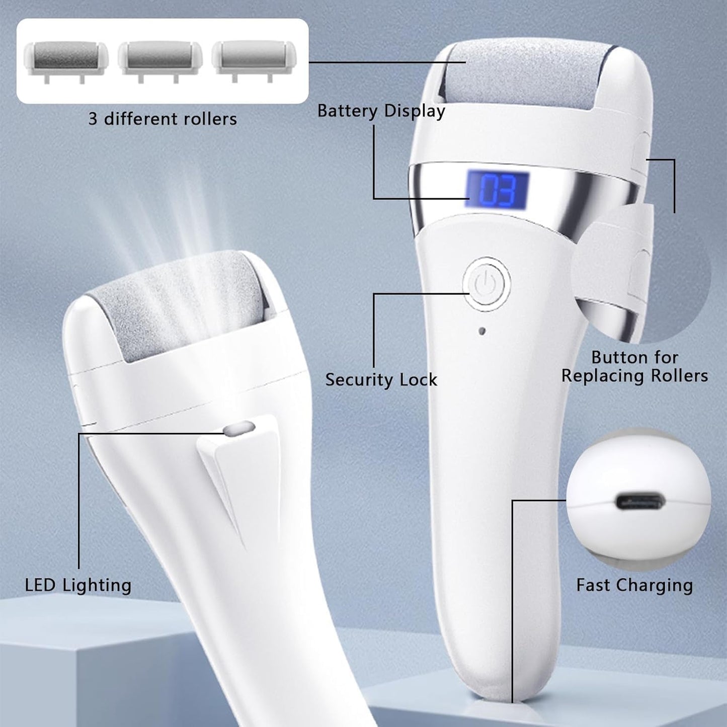 Electric Foot Callues Remover - FSA&HSA Eligible, Portable Electric Foot Files with 3 Heads, Rechargeable Feet File for Foot Care, Waterproof Deadskin Remover, Pedicure Tool for Dry and Crack Feet