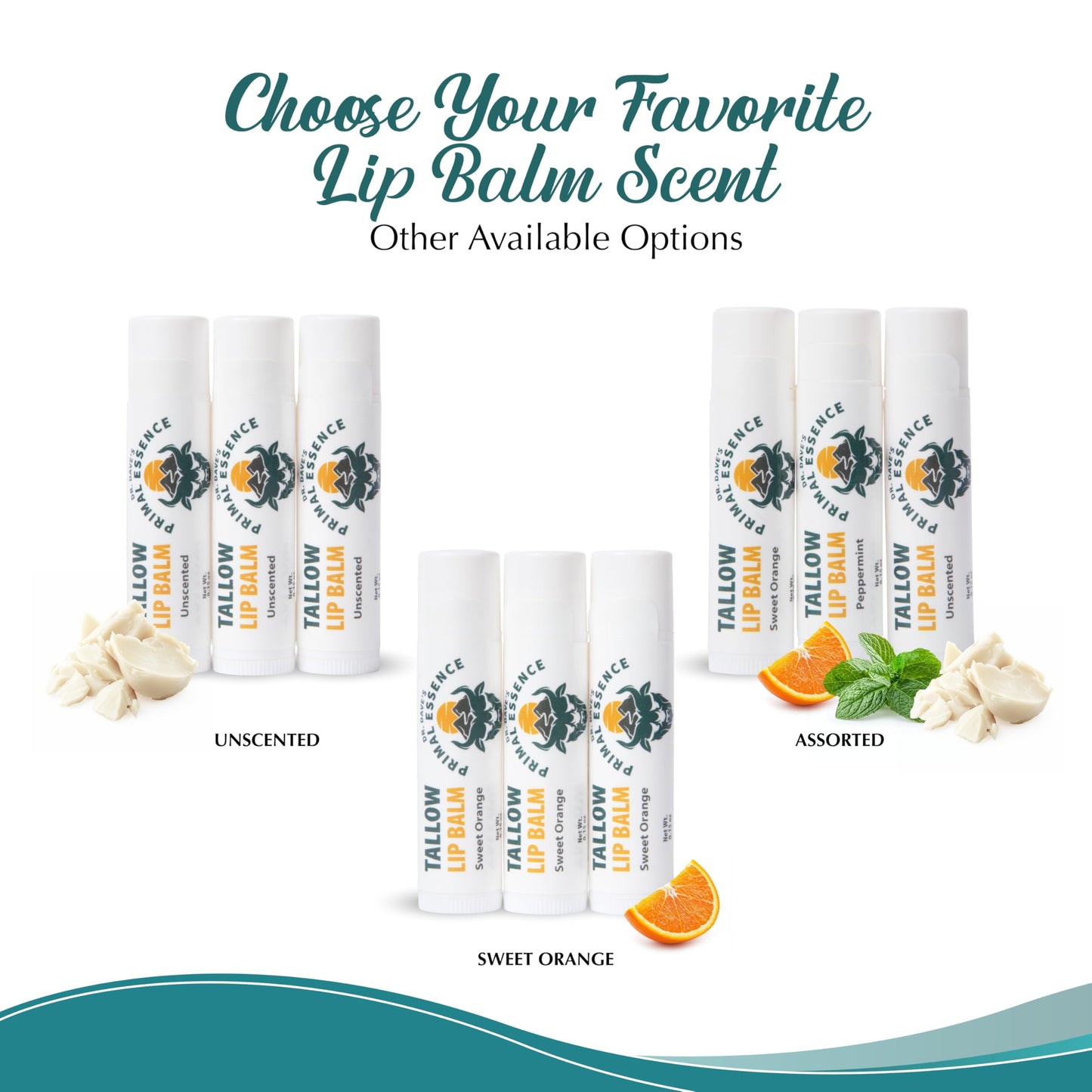 Dr. Dave's Primal Essence Moisturizing Tallow Lip Balm - Grass-Fed Beef Tallow with Organic Coconut Oil, Beeswax and Vitamin E - Peppermint, 3-Pack