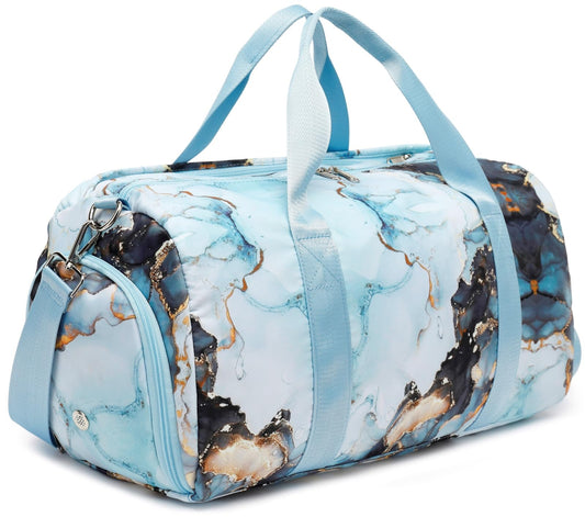 Duffle Bag for Gym Sports Women Girls Workout Travel Bag Weekender with Shoe Compartment and Wet Pocket (Marble 26- Blue)