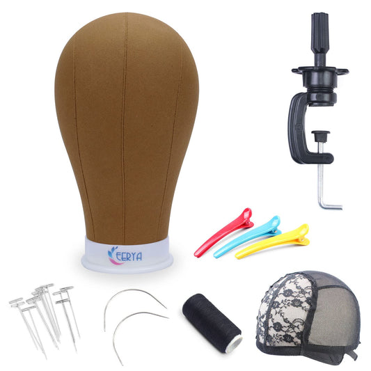 EERYA Wig Head Canvas Block Head 22 Inch Wig Head Stand for Making Wig Display Styling Brown Poly Canvas Block Wig Head with Stand Mannequin Head with Mount Hole Manikin Head Wig Stand(22 Inch,Brown)