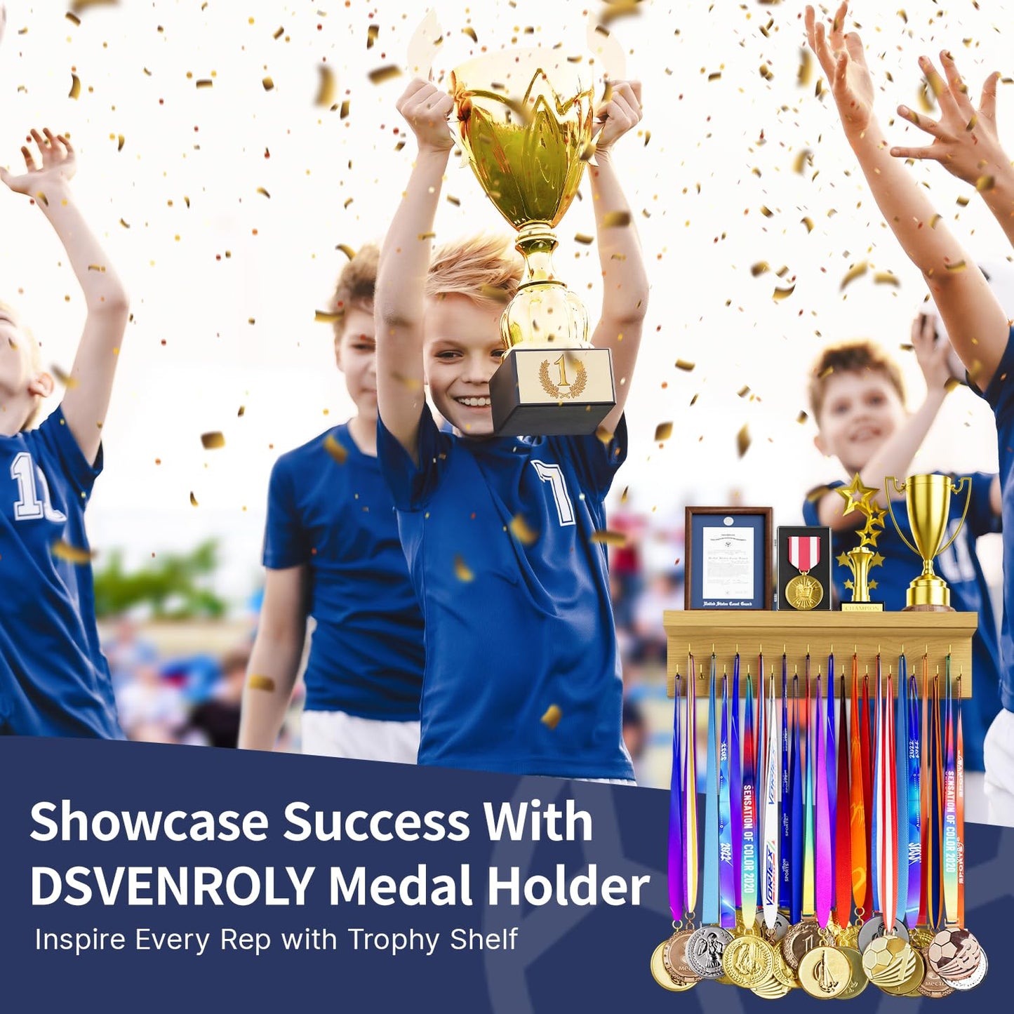 DSVENROLY Medal Holder Display Trophy Shelf Organizer,Sturdy Wooden Medal Trophy Hanger Rack with 25 Steel Hooks, Wall Mount Medal Hanger for Race Medals Trophies Easy to Install (1PC，Nature Wood)