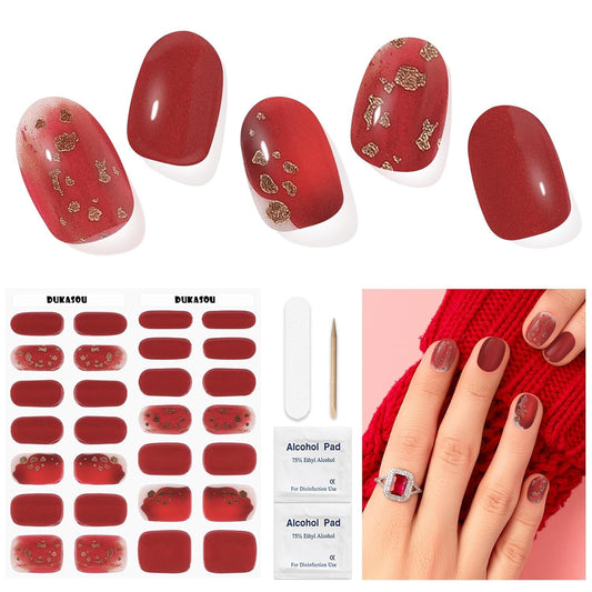 DUKASOU Semi Cured Gel Nail Strips for Christmas, 28 pcs Gel Nail Strips Work with Any UV Lamp, Long Lasting Gel Nail Stickers Full Nail Wraps, Salon Quality, Easy to Apply (China red)